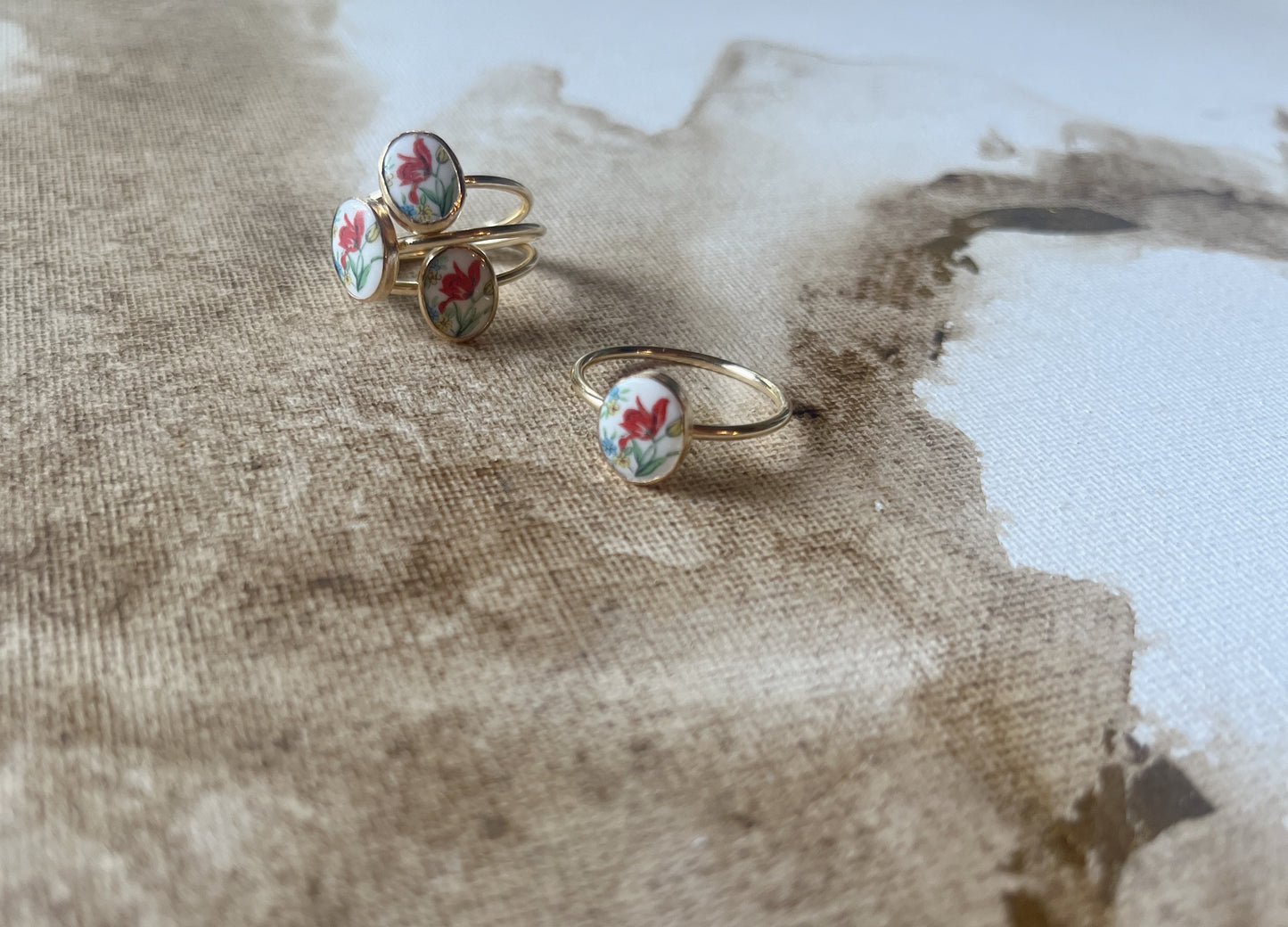 Floral Vinette Vintage Porcelain 14k Gold Fill Ring